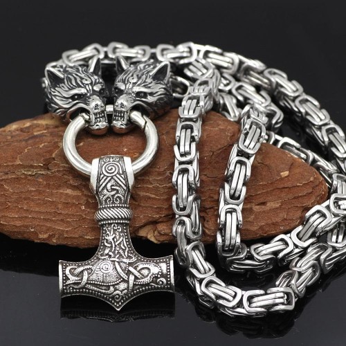 Vikings Wolf Mjolnir Stainless Steel King Chain Necklace