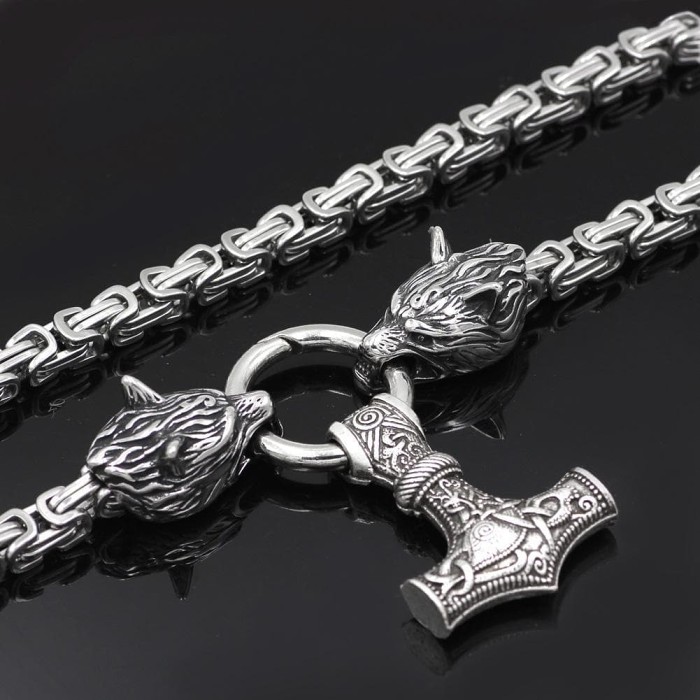 Vikings Wolf Mjolnir Stainless Steel King Chain Necklace