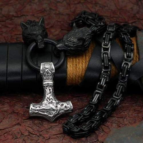 Vikings Mjolnir Black Wolf  Chain Stainless Steel Necklace