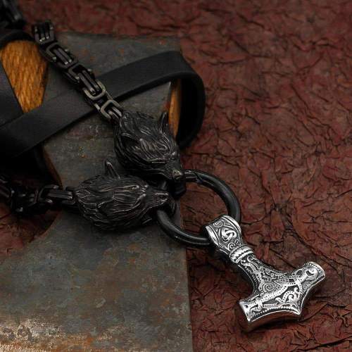 Vikings Mjolnir Black Wolf  Chain Stainless Steel Necklace