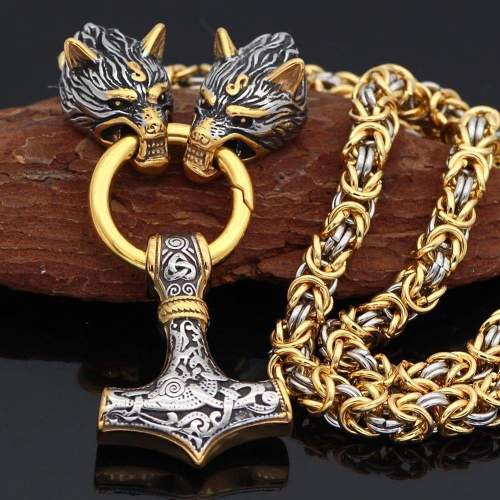 Vikings Wolf Head Mjolnir Byzantine Chain with Stainless Steel Necklace