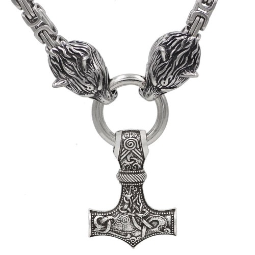 Vikings Wolf Mjolnir Stainless Steel King Chain Necklace