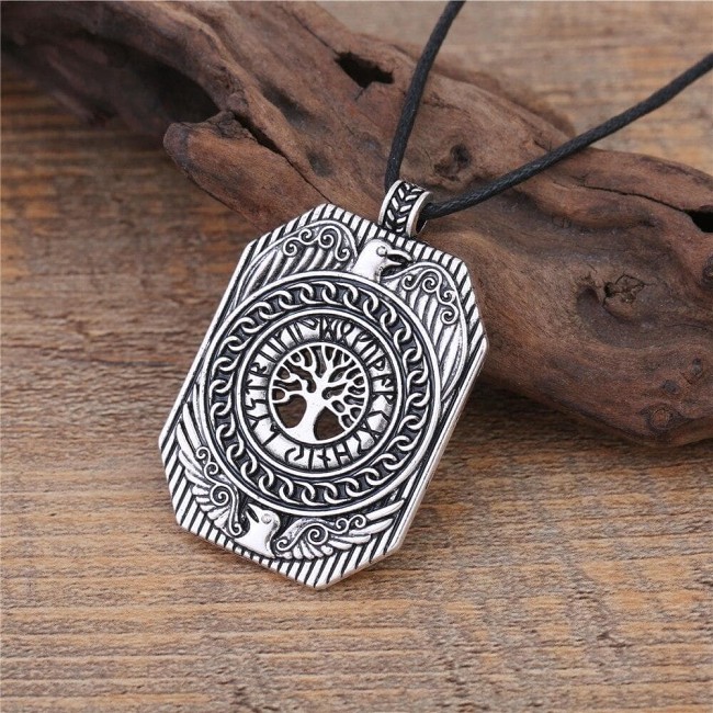 Viking Yggdrasil Ravens Runic Stainless Steel Necklace