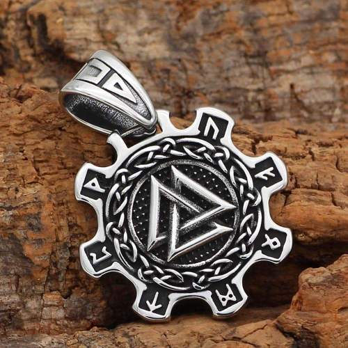 Viking Valknut Wheel and Runes Stainless Steel Pendant & Necklace