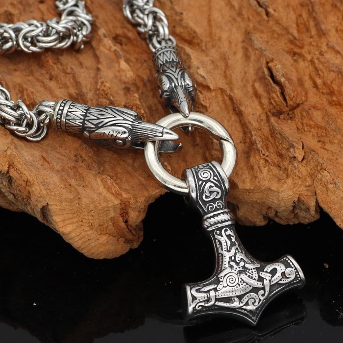 Vikings Mjolnir and Ravens Stainless Steel Necklace
