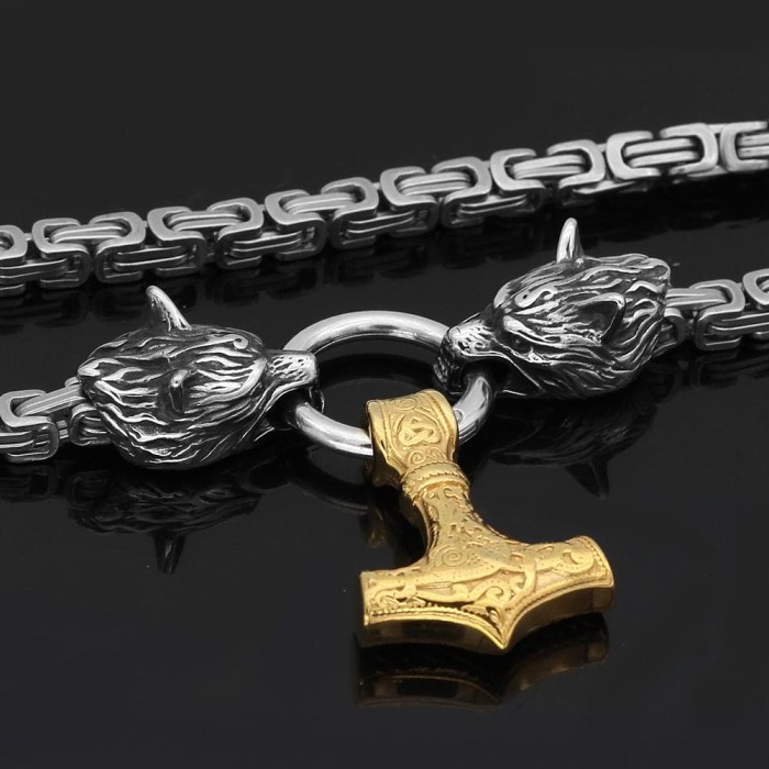 Vikings Wolf Mjolnir King Chain Stainless Steel Necklace