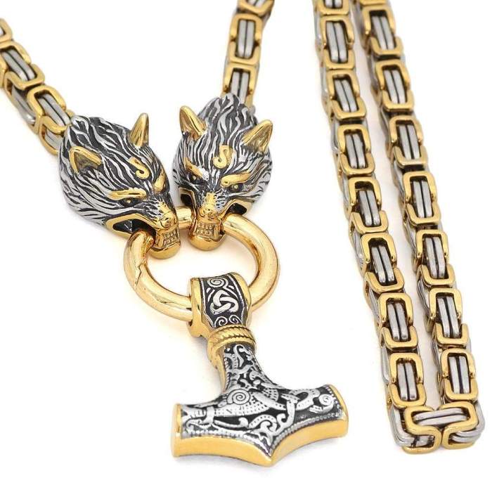 Vikings Wolf Mjolnir Stainless Steel King Chain Necklace