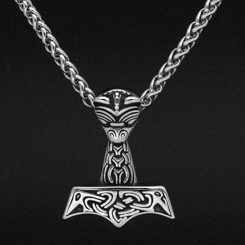 Vikings Raven Thor's Hammer Stainless Steel Necklace