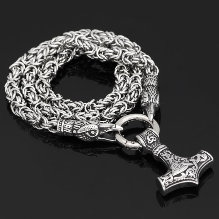 Vikings Mjolnir and Ravens Stainless Steel Necklace