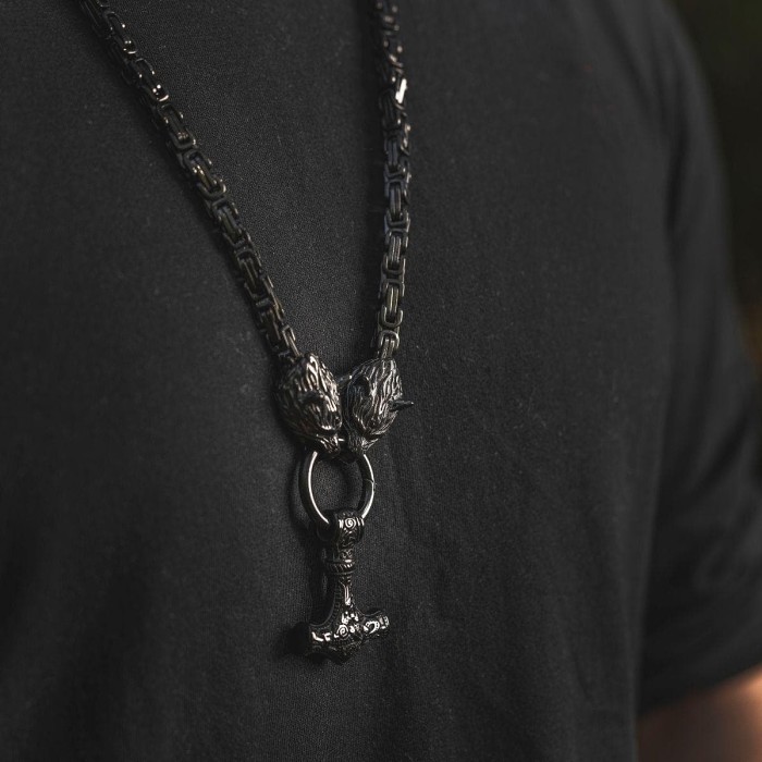Vikings Wolf Head Mjolnir Stainless Steel Black Necklace