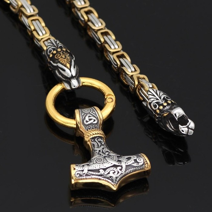 Vikings Snake Mjolnir Stainless Steel King Chain Necklace