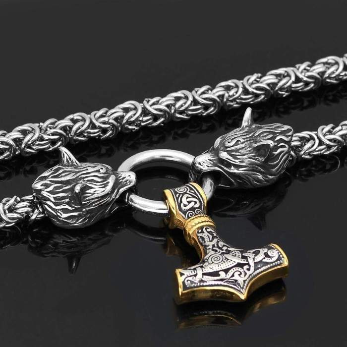 Vikings Wolf Head Mjolnir King Chain Stainless Steel Necklace