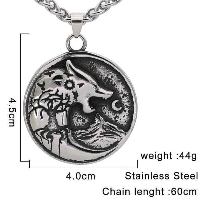 Viking Rune Wolf Tree Stainless Steel Necklace