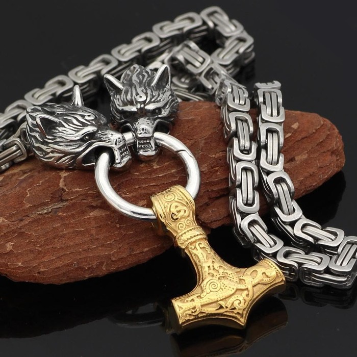 Vikings Wolf Mjolnir King Chain Stainless Steel Necklace