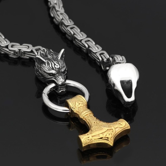Vikings Wolf Mjolnir King Chain Stainless Steel Necklace