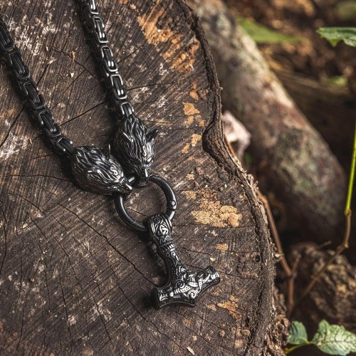 Vikings Wolf Head Mjolnir Stainless Steel Black Necklace
