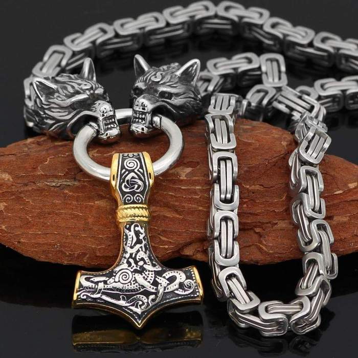 Vikings Wolf Mjolnir Stainless Steel King Chain Necklace