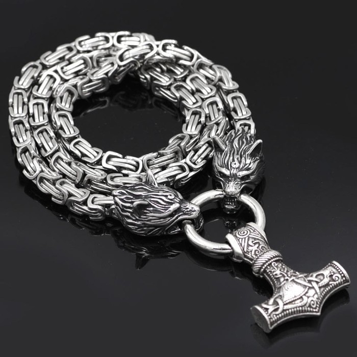 Vikings Wolf Mjolnir Stainless Steel King Chain Necklace