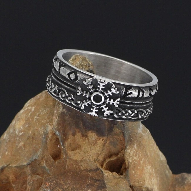 Viking Runic Nordic Vegvisir Stainless Steel Ring