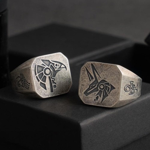 Ancient Egypt Ankh Anubis Sterling Silver Ring