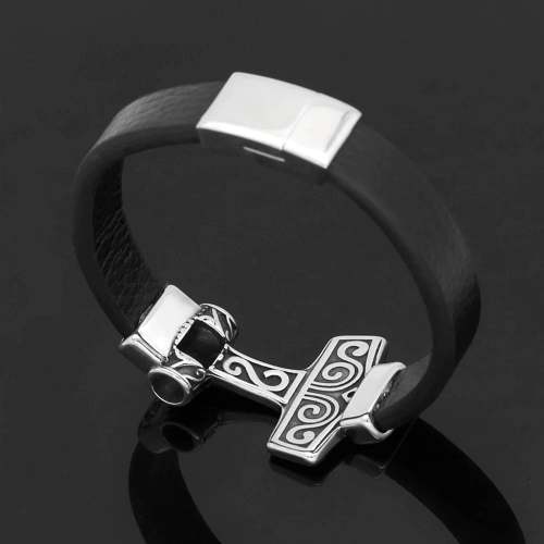 Vikings Mjolnir Stainless Steel Real Leather Bracelet