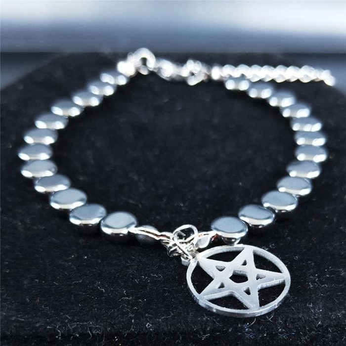 Wiccan Pentagram Stainless Steel & Hematite Chain Bracelet