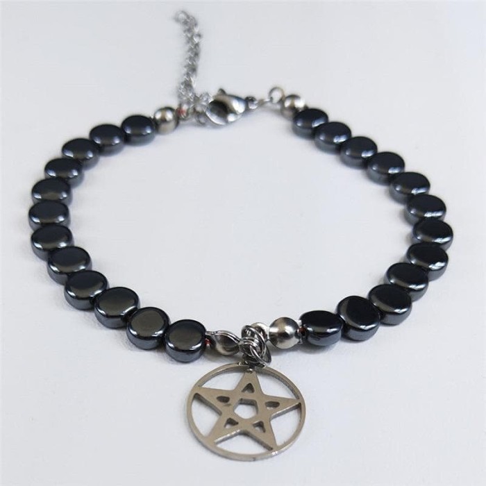 Wiccan Pentagram Stainless Steel & Hematite Chain Bracelet