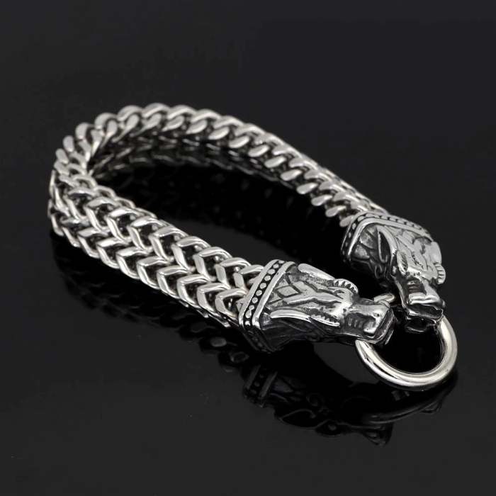 Vikings Wolf Head Stainless Steel Charm Bracelet