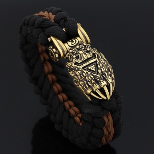 Vikings Runic Bear Paw Stainless Steel Black Brown Paracord Bracelet