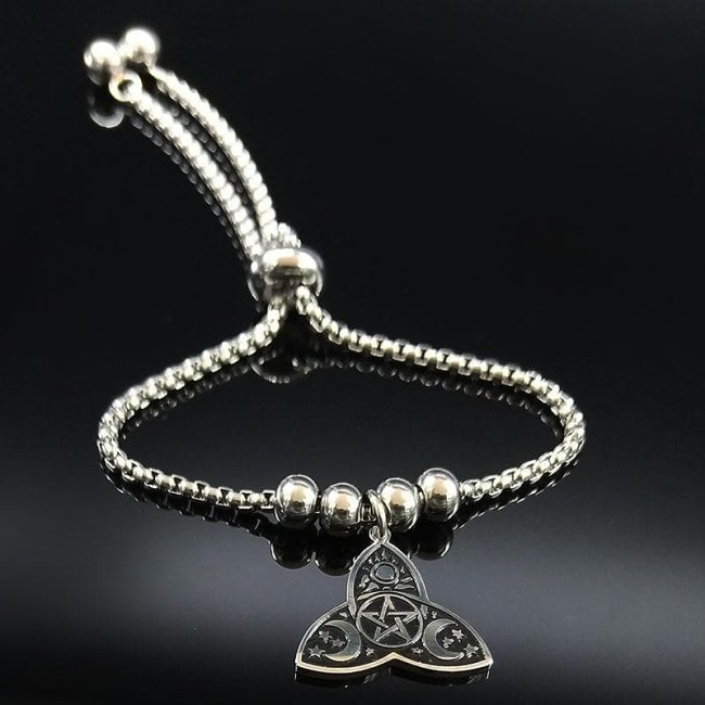 Wiccan Triquetra Triple Moon Sun & Pentagram Stainless Steel Bracelet