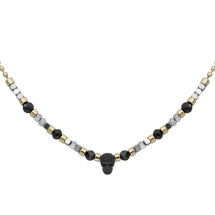 Black Spinel beads with Silver color hematite beads skull necklace -
