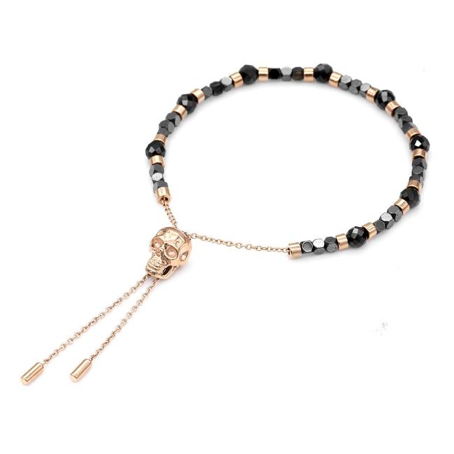 Black Spinel beads Rose Gold skull pull-chain bracelet