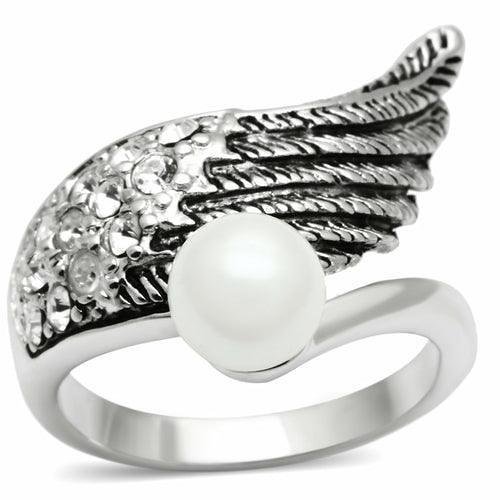 3W191 - Rhodium Brass Ring with Synthetic Pearl in White