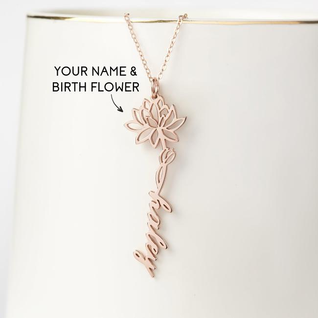 Birth Flower Name Necklace, Custom Name Jewelry, Floral Name Necklace