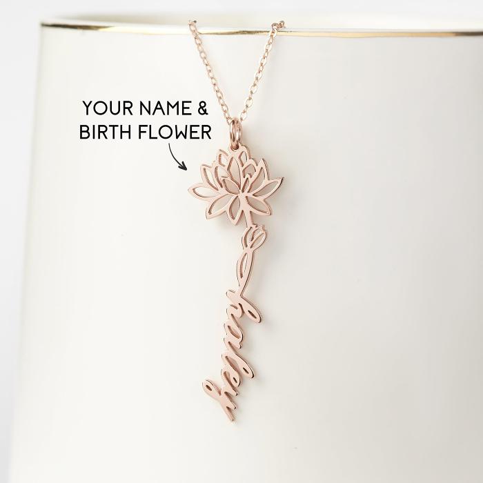 Birth Flower Name Necklace, Custom Name Jewelry, Floral Name Necklace