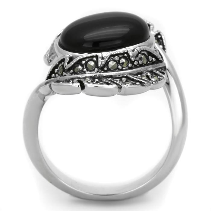 3W597 - Rhodium Brass Ring with Synthetic Onyx in Jet