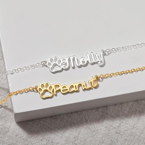 Dog Name Necklace, Cat Mom Gift, Pet Paw Necklace, Pet Lover Gift
