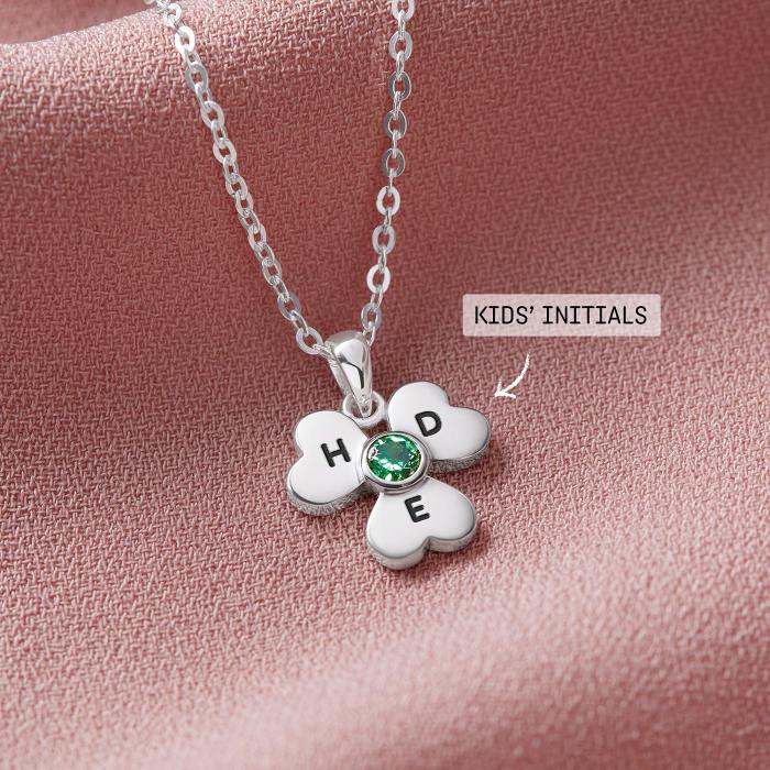 Four Leaf Clover Necklace, Kids Initials Necklace, Mother Necklace