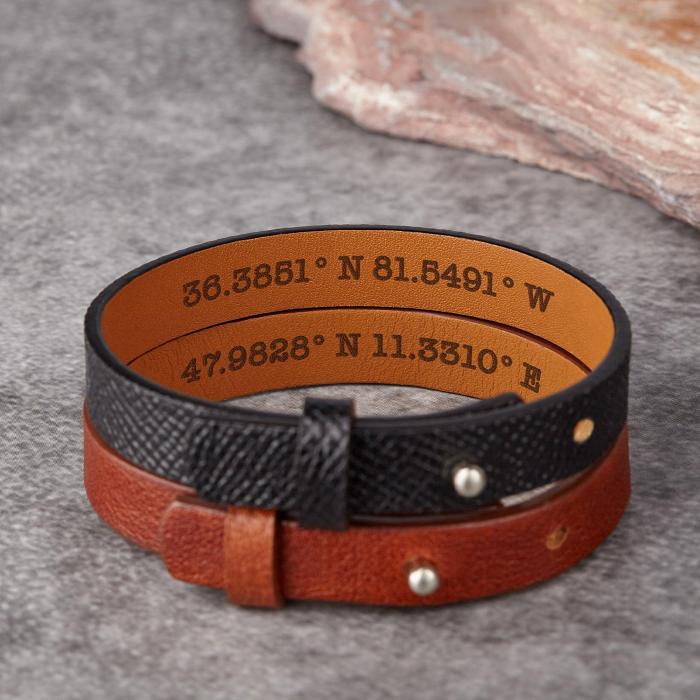 Coordinates Hidden Engraved Leather Bracelet, Anniversary Gift for Him