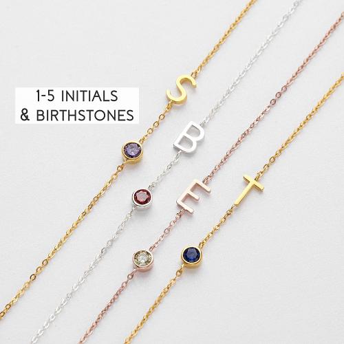 Sideways Letter Necklace, Mom Birthstone Necklace, Initials Necklace