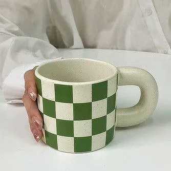 Checkered Ceramic Large Handle Coffee Mug