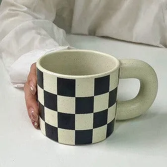 Checkered Ceramic Large Handle Coffee Mug