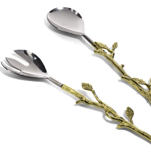 Brassed Stainless Steel Leaf Fork & Spoon Salad Server Set