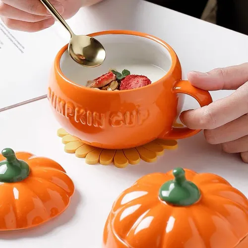 Cute Ceramic Breakfast & Soup Pumpkin Cup Bowl with Lid