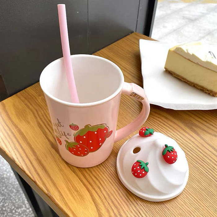 Cute Pink Strawberry Milkshake Ceramic Water Mug with Lid