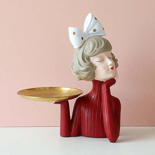 Cute Nordic Style Girl with Ribbon Home Decor Tray Figurine with Plate