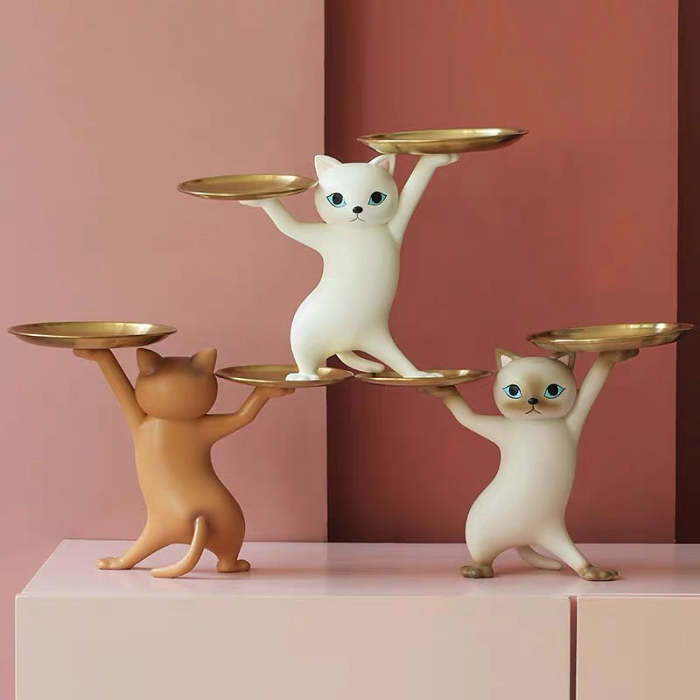 Cute Posing Cat Home Living Room Decor Figurine with Plate