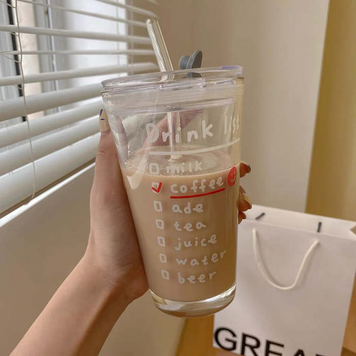 Cute Korean Style Coffee Letters Check List Transparent Glass Cup with Lid