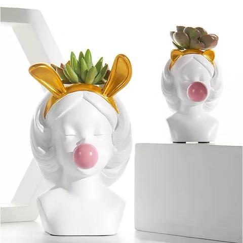 Nordic Style Cute Bubble Gum Rabbit Cat Girl Resin Vase