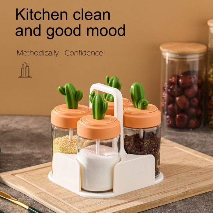 Cute Cactus Kitchen Organiser Condiments Jar with Spoon Set